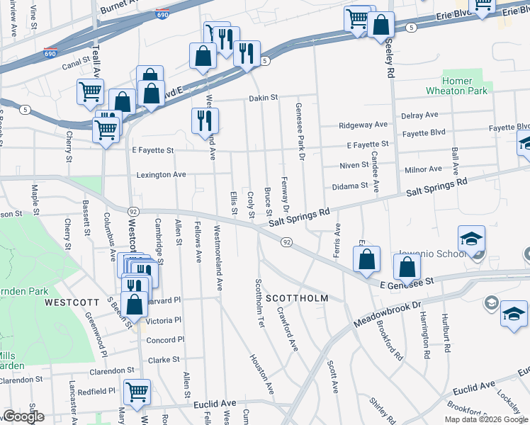 map of restaurants, bars, coffee shops, grocery stores, and more near 384 Bruce Street in Syracuse