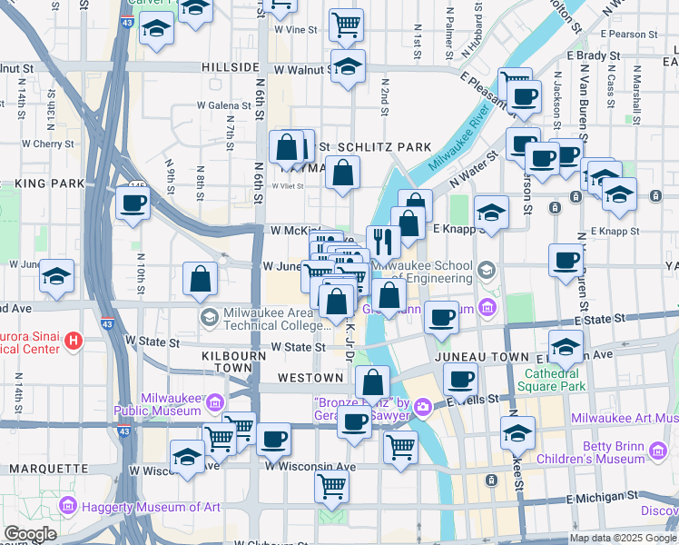 map of restaurants, bars, coffee shops, grocery stores, and more near 311 West Juneau Avenue in Milwaukee