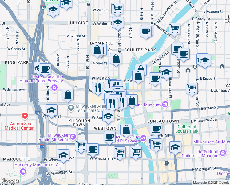 map of restaurants, bars, coffee shops, grocery stores, and more near 1141 North Doctor Martin Luther King Junior Drive in Milwaukee