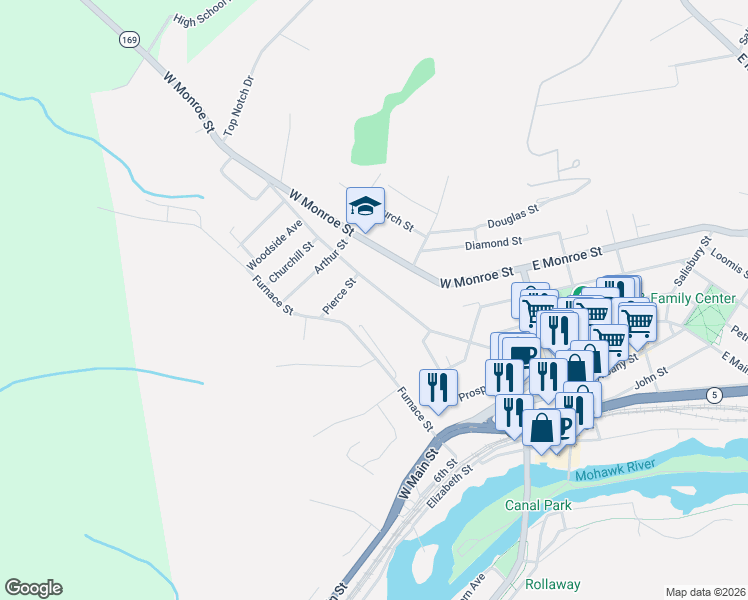 map of restaurants, bars, coffee shops, grocery stores, and more near 17 Pierce Street in Little Falls
