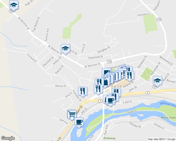 map of restaurants, bars, coffee shops, grocery stores, and more near 6 Dale Place in Little Falls