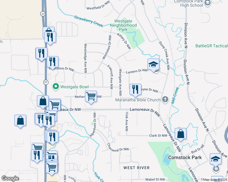 map of restaurants, bars, coffee shops, grocery stores, and more near 4504 Foxcroft Avenue Northwest in Comstock Park