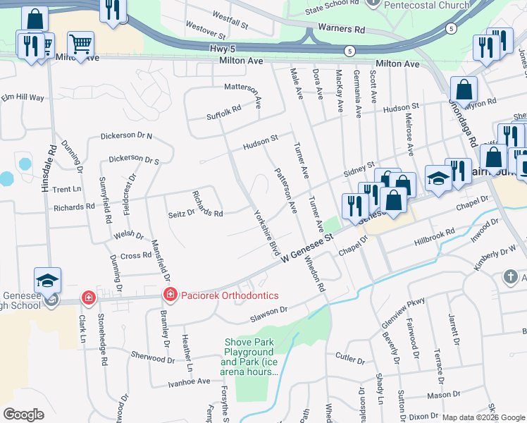 map of restaurants, bars, coffee shops, grocery stores, and more near 304 Yorkshire Boulevard in Syracuse