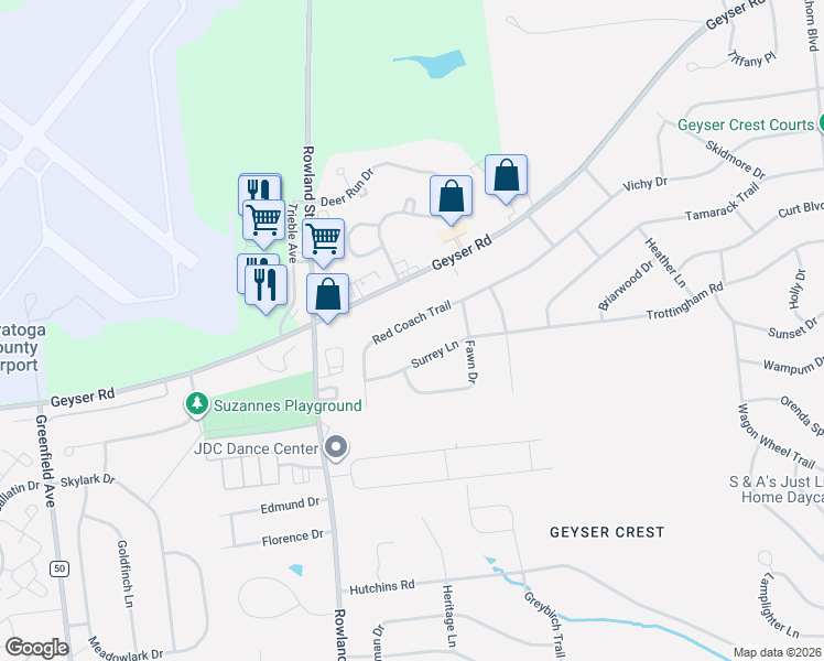 map of restaurants, bars, coffee shops, grocery stores, and more near 17 Red Coach Trail in Ballston Spa