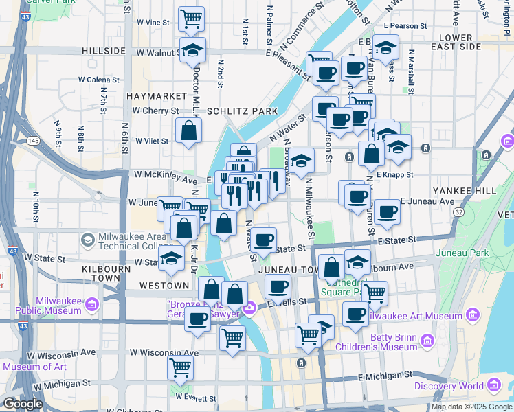map of restaurants, bars, coffee shops, grocery stores, and more near 221 East Juneau Avenue in Milwaukee