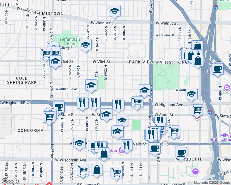 map of restaurants, bars, coffee shops, grocery stores, and more near 1146 North 21st Street in Milwaukee