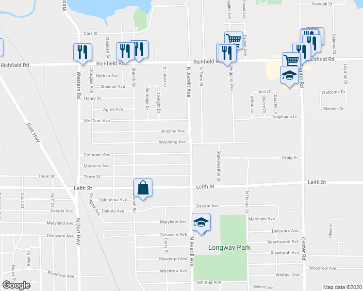map of restaurants, bars, coffee shops, grocery stores, and more near 3234 Wyoming Avenue in Flint