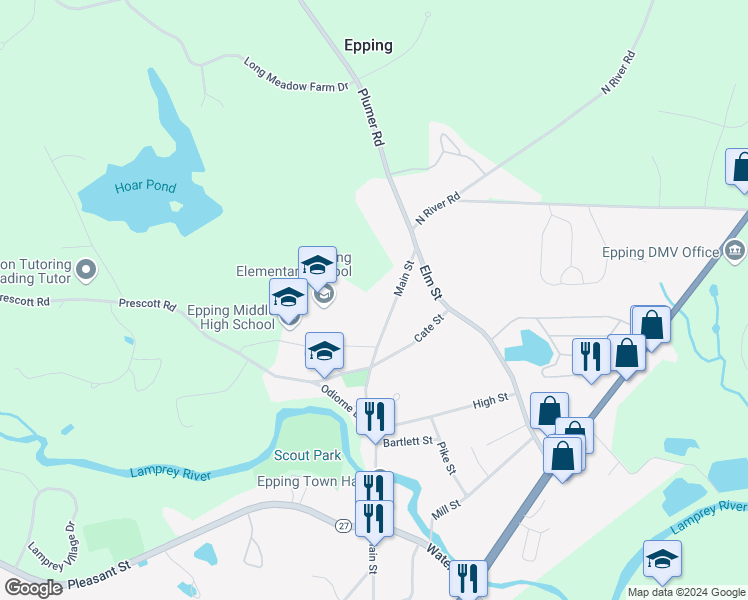 map of restaurants, bars, coffee shops, grocery stores, and more near 244 Main Street in Epping