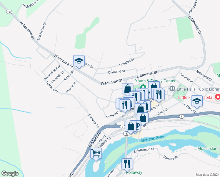 map of restaurants, bars, coffee shops, grocery stores, and more near 6 Dale Place in Little Falls