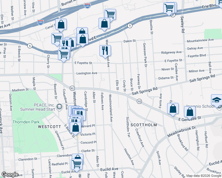 map of restaurants, bars, coffee shops, grocery stores, and more near 2401 Westmoreland Avenue in Syracuse
