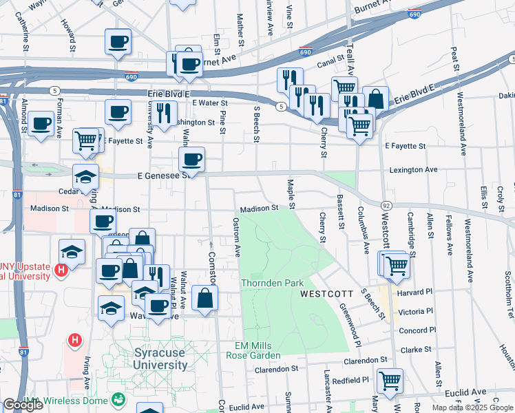 map of restaurants, bars, coffee shops, grocery stores, and more near 1209 Madison Street in Syracuse