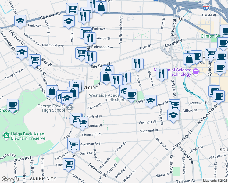 map of restaurants, bars, coffee shops, grocery stores, and more near 204 Seneca Street in Syracuse