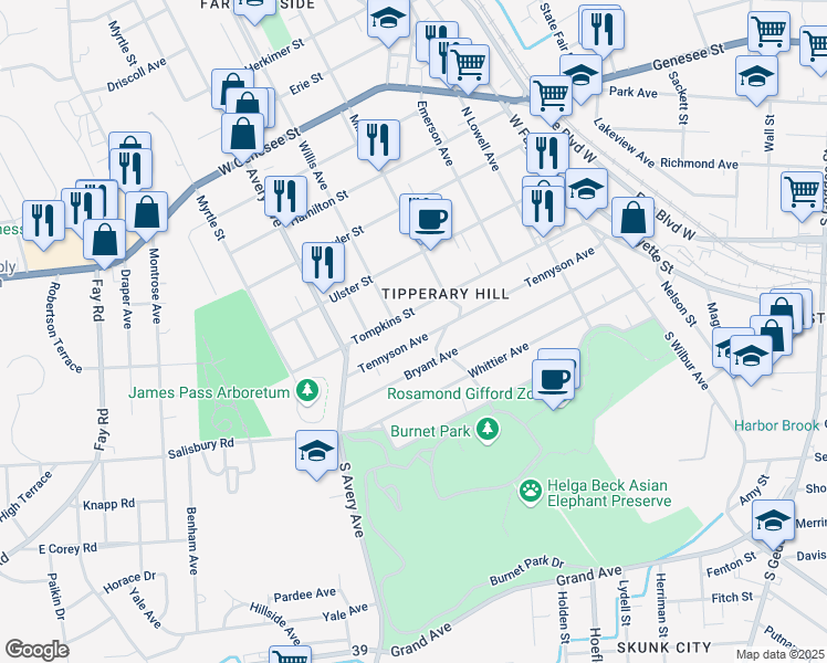 map of restaurants, bars, coffee shops, grocery stores, and more near 434 Tennyson Avenue in Syracuse