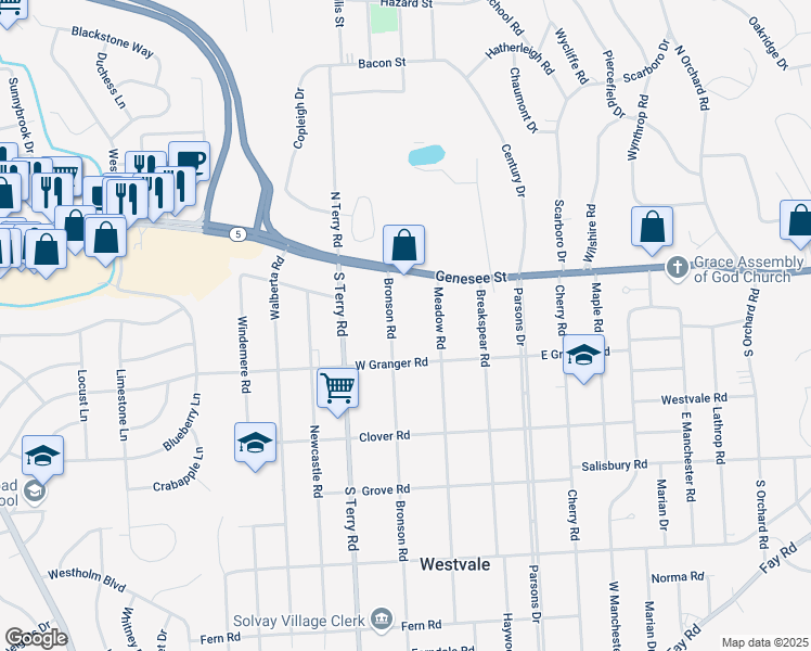map of restaurants, bars, coffee shops, grocery stores, and more near 121 Bronson Road in Syracuse