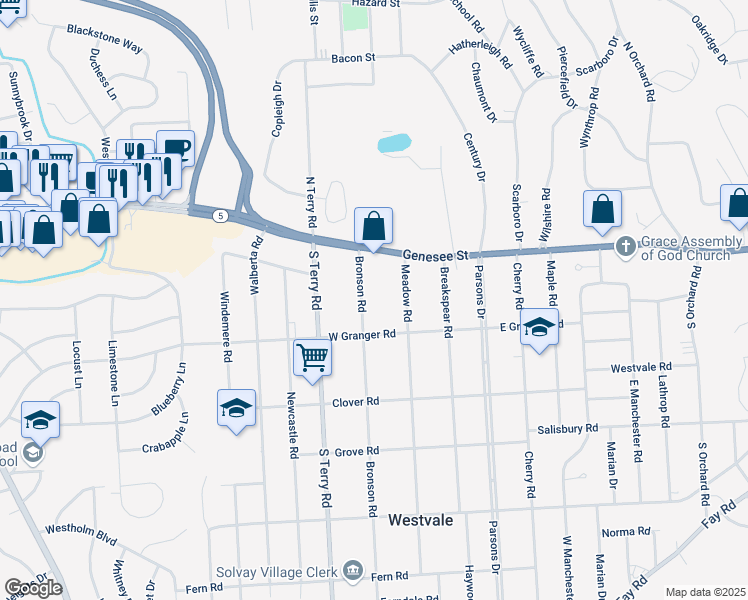 map of restaurants, bars, coffee shops, grocery stores, and more near 121 Bronson Road in Syracuse