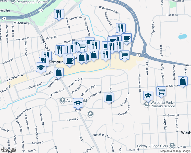 map of restaurants, bars, coffee shops, grocery stores, and more near 215 Kimberly Drive East in Syracuse