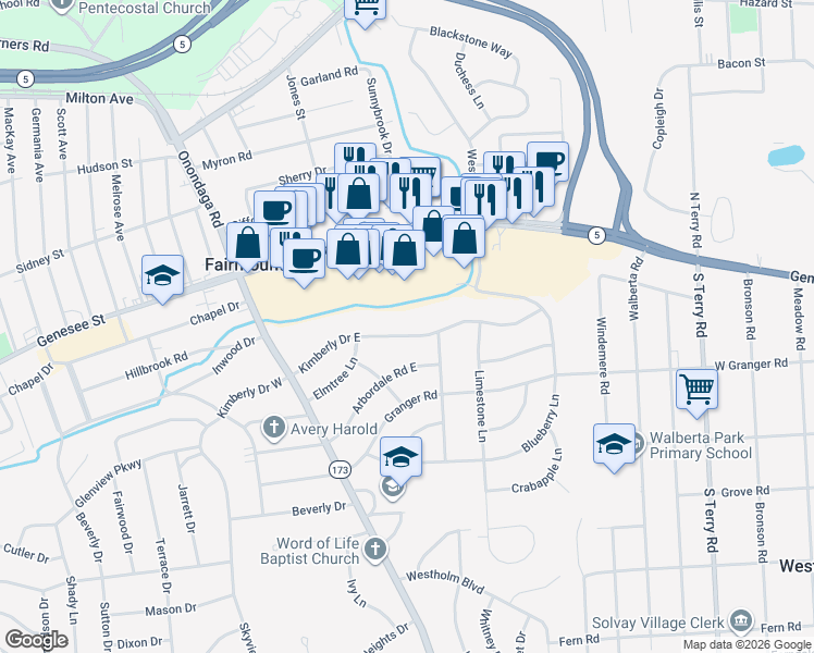 map of restaurants, bars, coffee shops, grocery stores, and more near 215 Kimberly Drive East in Syracuse