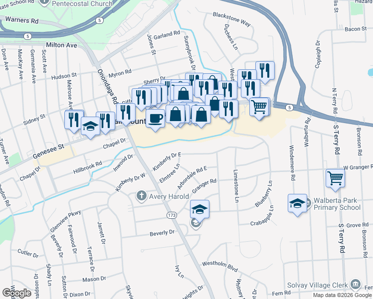 map of restaurants, bars, coffee shops, grocery stores, and more near 207 Kimberly Drive East in Syracuse