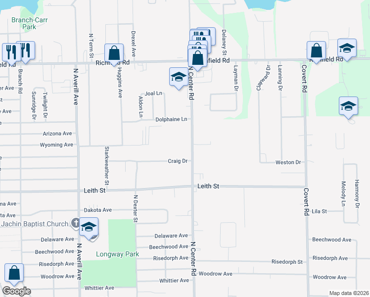 map of restaurants, bars, coffee shops, grocery stores, and more near 3825 Craig Drive in Flint