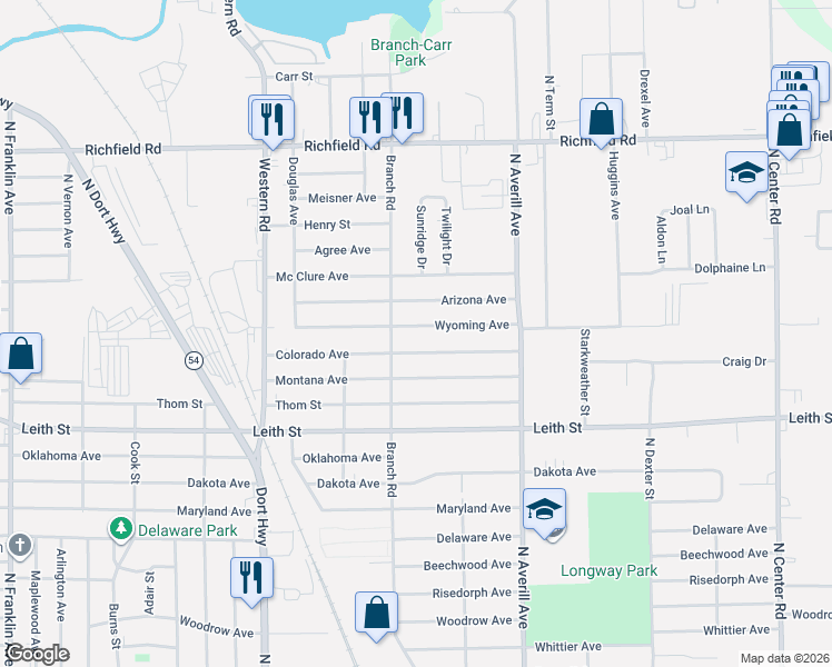 map of restaurants, bars, coffee shops, grocery stores, and more near 3130 Wyoming Avenue in Flint