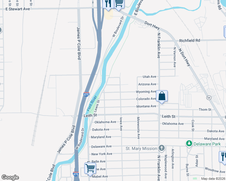 map of restaurants, bars, coffee shops, grocery stores, and more near 1537 Wyoming Avenue in Flint
