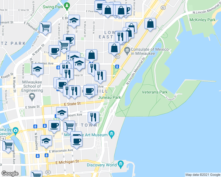 map of restaurants, bars, coffee shops, grocery stores, and more near 1234 East Juneau Avenue in Milwaukee