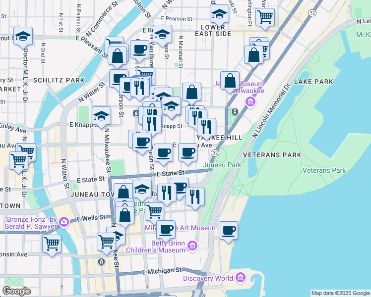 map of restaurants, bars, coffee shops, grocery stores, and more near 1123 North Astor Street in Milwaukee