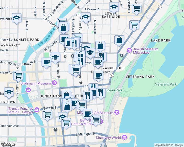 map of restaurants, bars, coffee shops, grocery stores, and more near 1129 North Marshall Street in Milwaukee