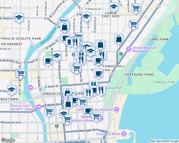 map of restaurants, bars, coffee shops, grocery stores, and more near 1129 North Marshall Street in Milwaukee