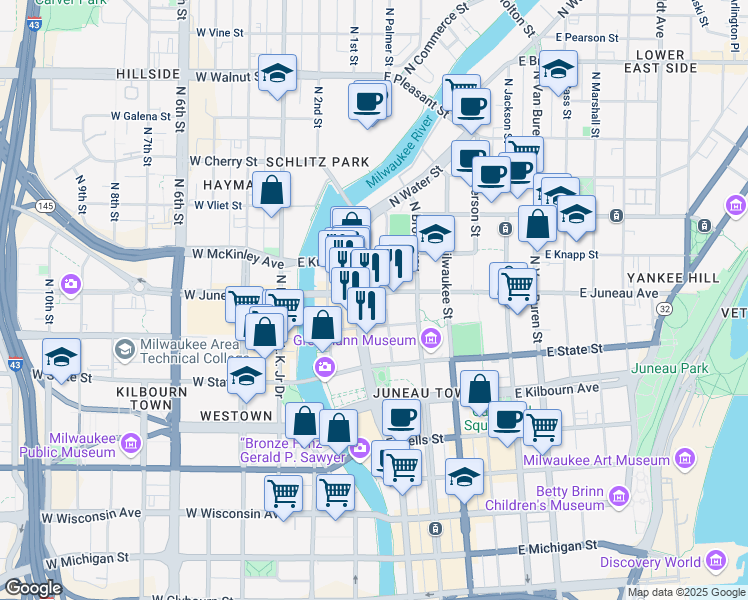 map of restaurants, bars, coffee shops, grocery stores, and more near 221 East Juneau Avenue in Milwaukee