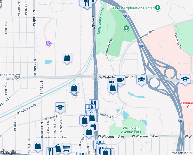 map of restaurants, bars, coffee shops, grocery stores, and more near North Mayfair Road in Wauwatosa