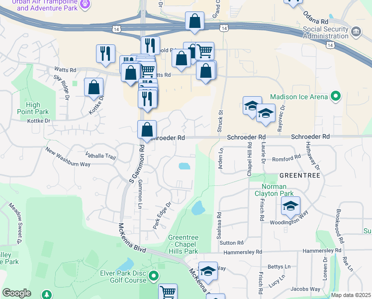 map of restaurants, bars, coffee shops, grocery stores, and more near 6701 Schroeder Road in Madison