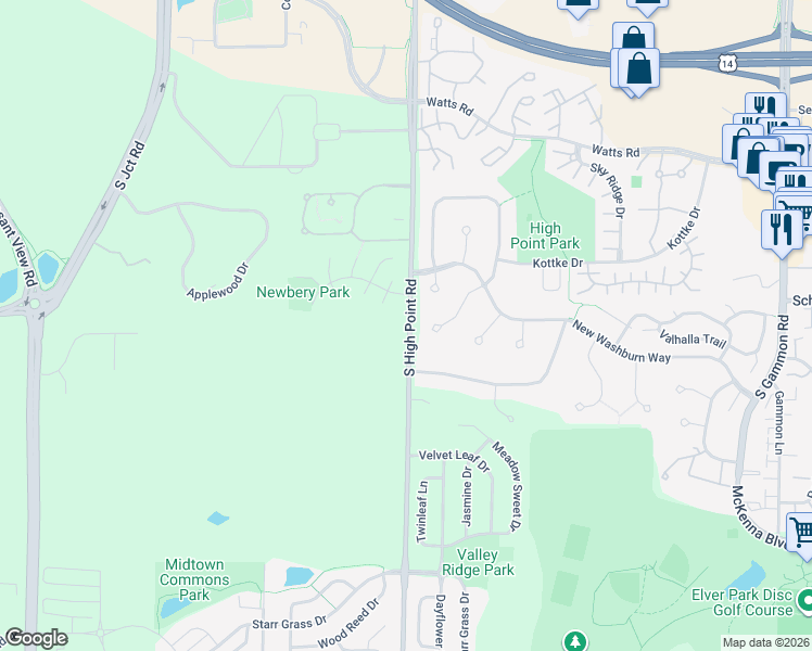 map of restaurants, bars, coffee shops, grocery stores, and more near 910 South High Point Road in Madison