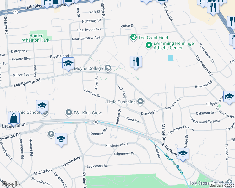 map of restaurants, bars, coffee shops, grocery stores, and more near 207 Carlton Drive in Syracuse