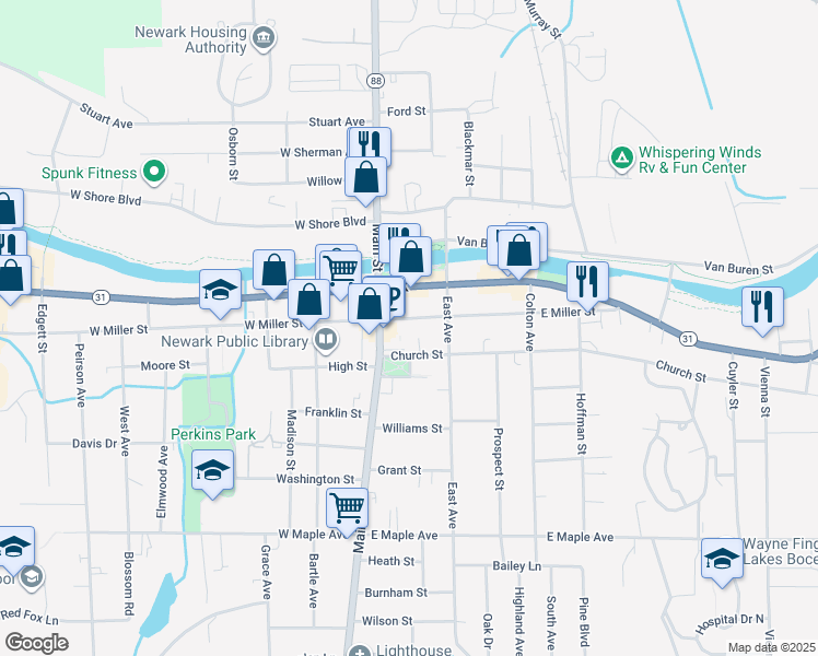 map of restaurants, bars, coffee shops, grocery stores, and more near 117 East Miller Street in Newark