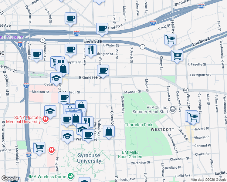 map of restaurants, bars, coffee shops, grocery stores, and more near 115 Comstock Avenue in Syracuse