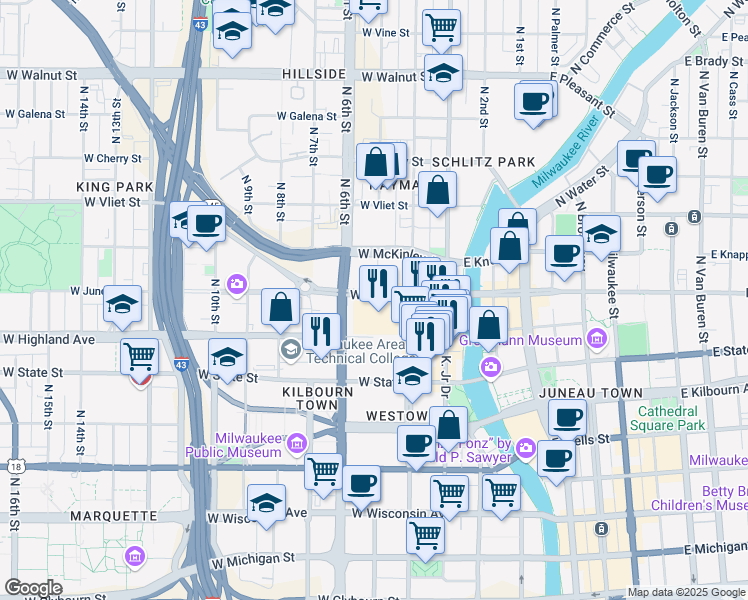 map of restaurants, bars, coffee shops, grocery stores, and more near 1149 North 5th Street in Milwaukee