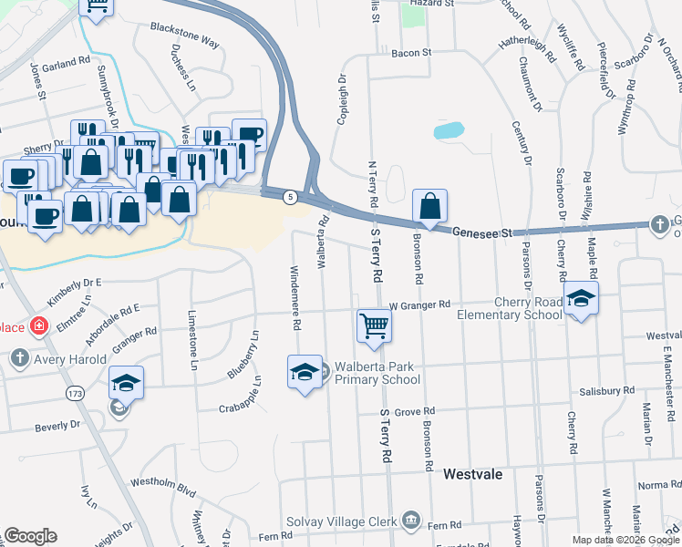 map of restaurants, bars, coffee shops, grocery stores, and more near 112 Newcastle Road in Syracuse