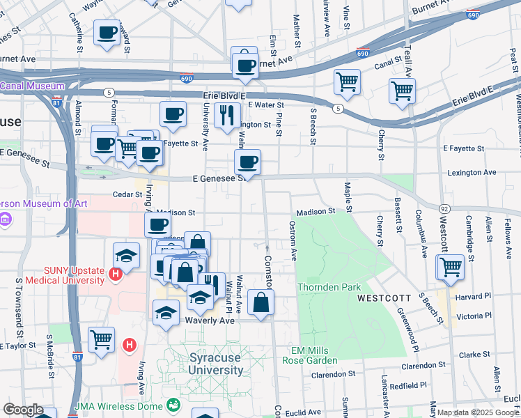 map of restaurants, bars, coffee shops, grocery stores, and more near 116 Comstock Avenue in Syracuse
