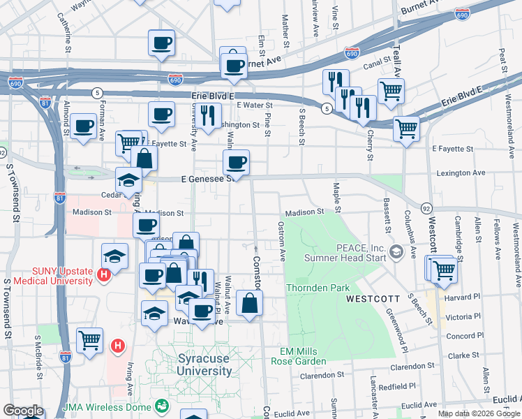 map of restaurants, bars, coffee shops, grocery stores, and more near 1107 Madison Street in Syracuse