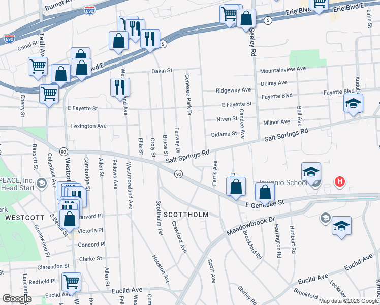 map of restaurants, bars, coffee shops, grocery stores, and more near 303 Salt Springs Road in Syracuse