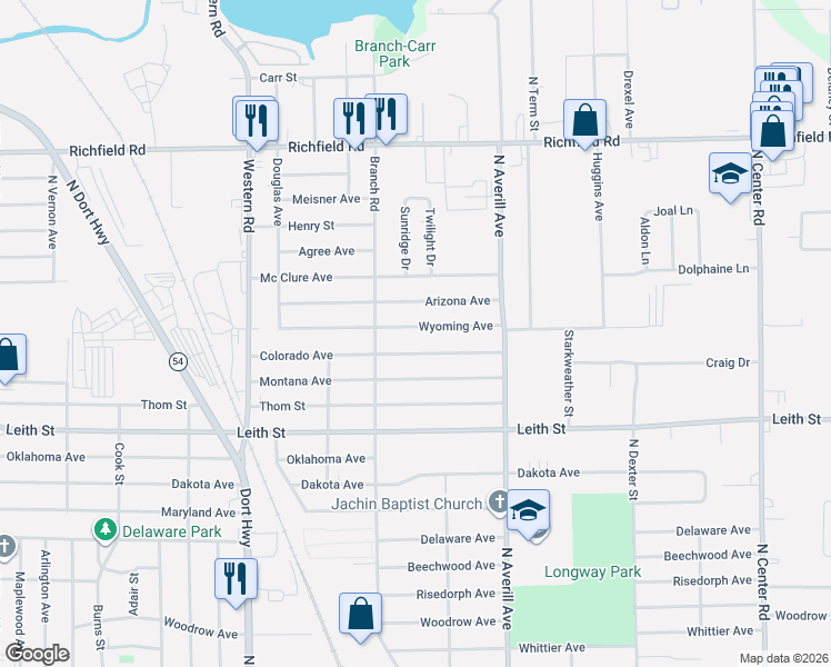map of restaurants, bars, coffee shops, grocery stores, and more near 3130 Wyoming Avenue in Flint