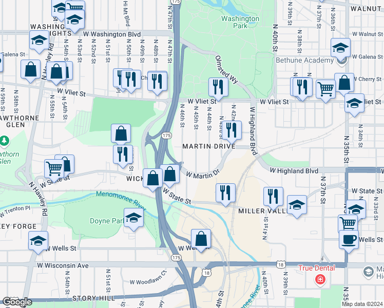 map of restaurants, bars, coffee shops, grocery stores, and more near 1155 North 45th Street in Milwaukee