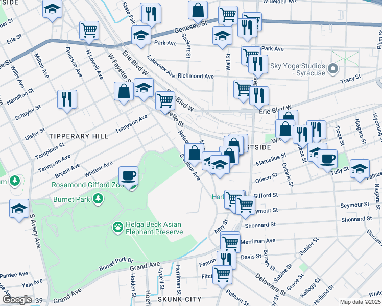 map of restaurants, bars, coffee shops, grocery stores, and more near 144 Nelson Street in Syracuse