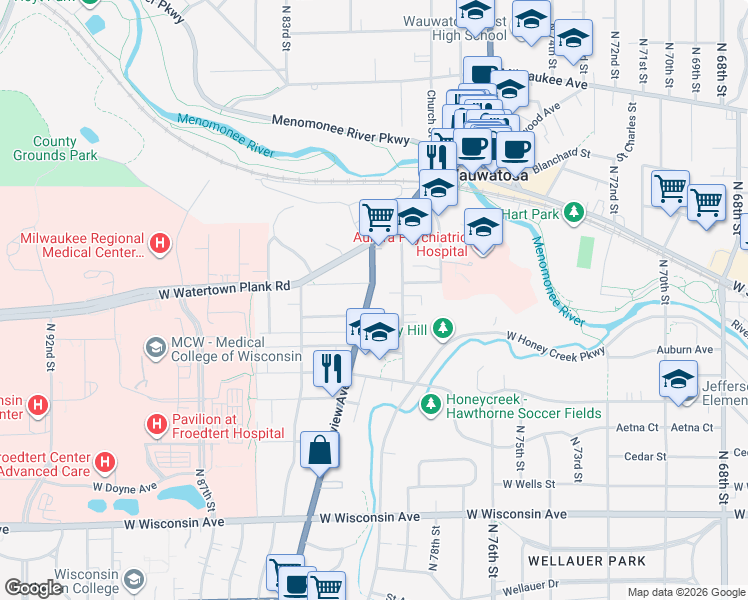 map of restaurants, bars, coffee shops, grocery stores, and more near 1172 Glenview Avenue in Wauwatosa