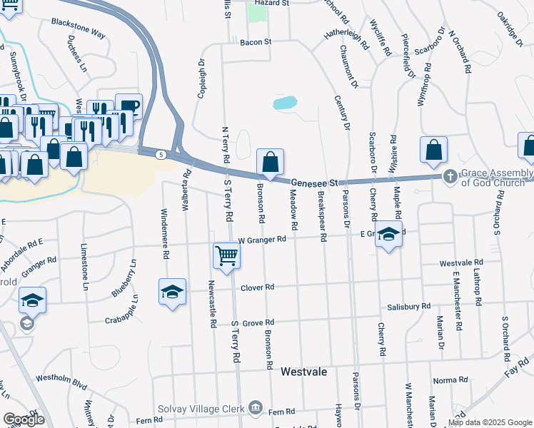 map of restaurants, bars, coffee shops, grocery stores, and more near 121 Bronson Road in Syracuse