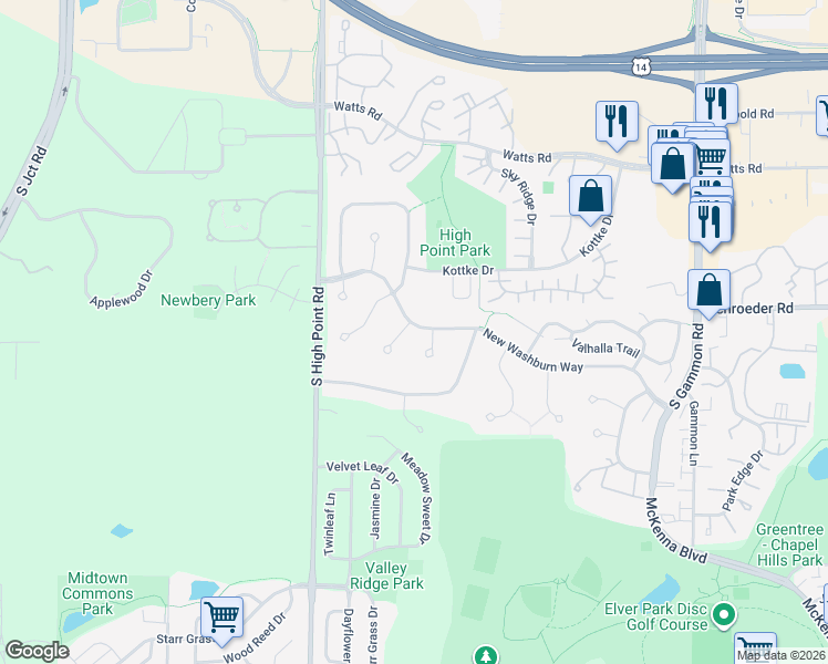 map of restaurants, bars, coffee shops, grocery stores, and more near 7441 New Washburn Way in Madison