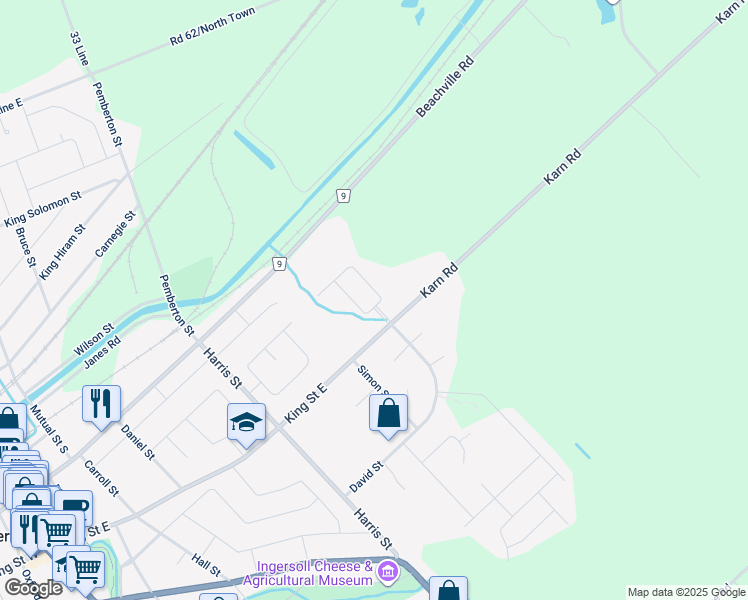 map of restaurants, bars, coffee shops, grocery stores, and more near 7 Rossiter Road in Ingersoll