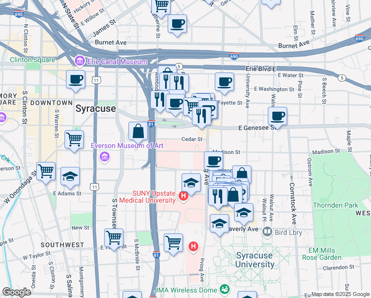 map of restaurants, bars, coffee shops, grocery stores, and more near 620 Madison Street in Syracuse