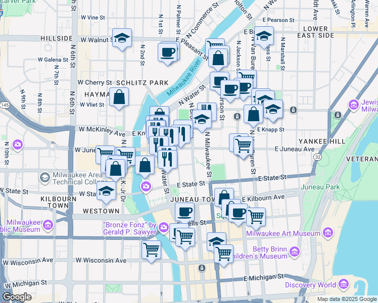 map of restaurants, bars, coffee shops, grocery stores, and more near 270 East Highland Avenue in Milwaukee